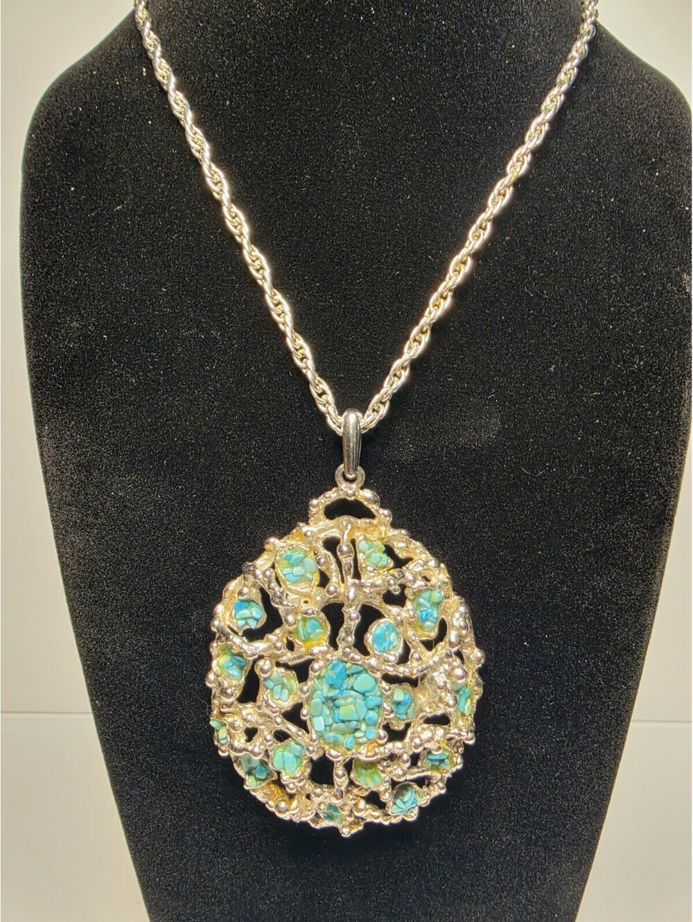 Silver Tone Faux Turquoise Blue Long Necklace Flower Pendant Filagree